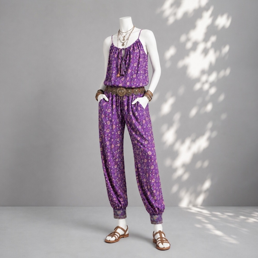 Ulla Johnson Purple Floral Jumpsuit 6 Cotton Boho  Tapered Festival Resort